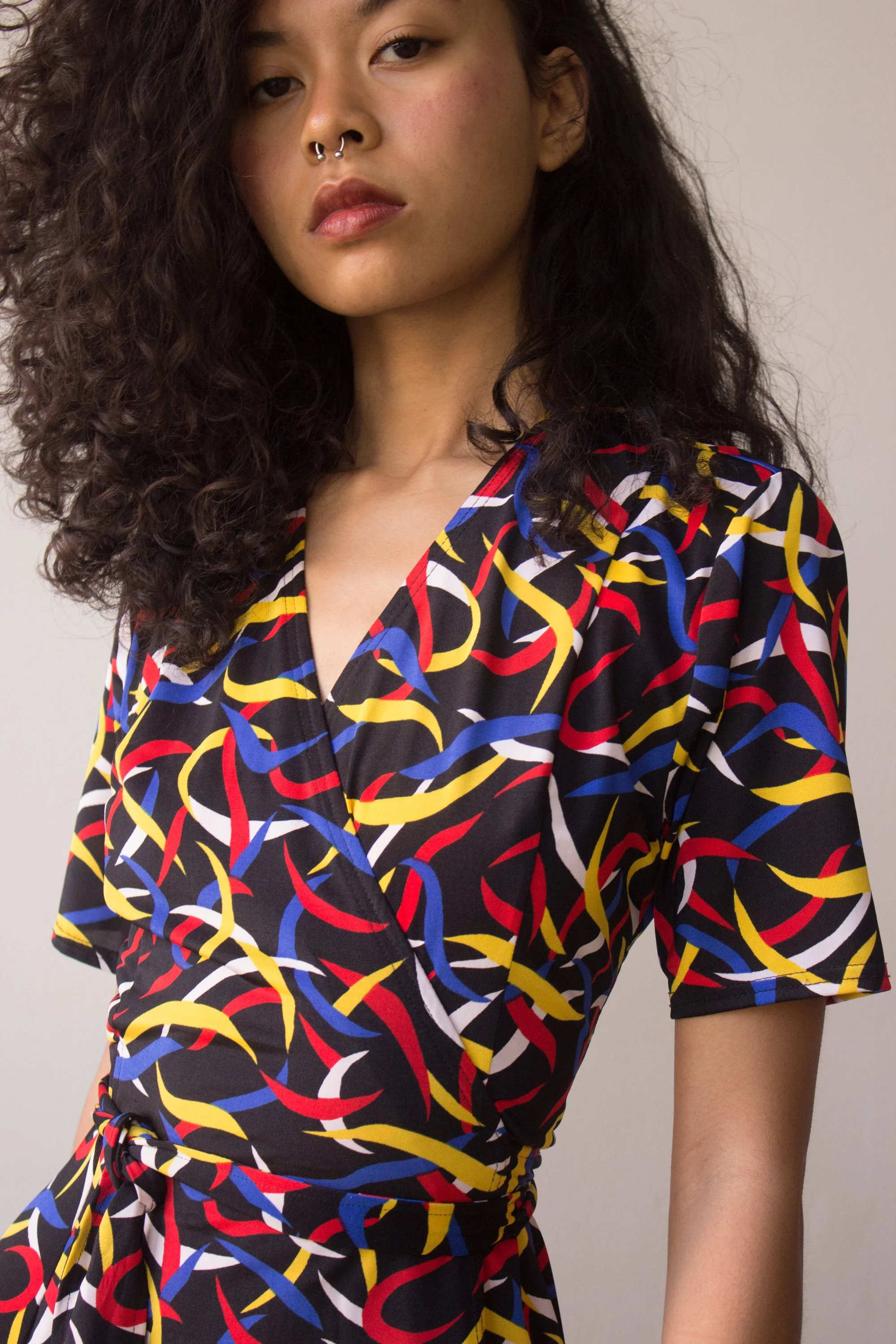 1980s Liz Claiborne Ribbon Print Wrap Dress Wayward Collection